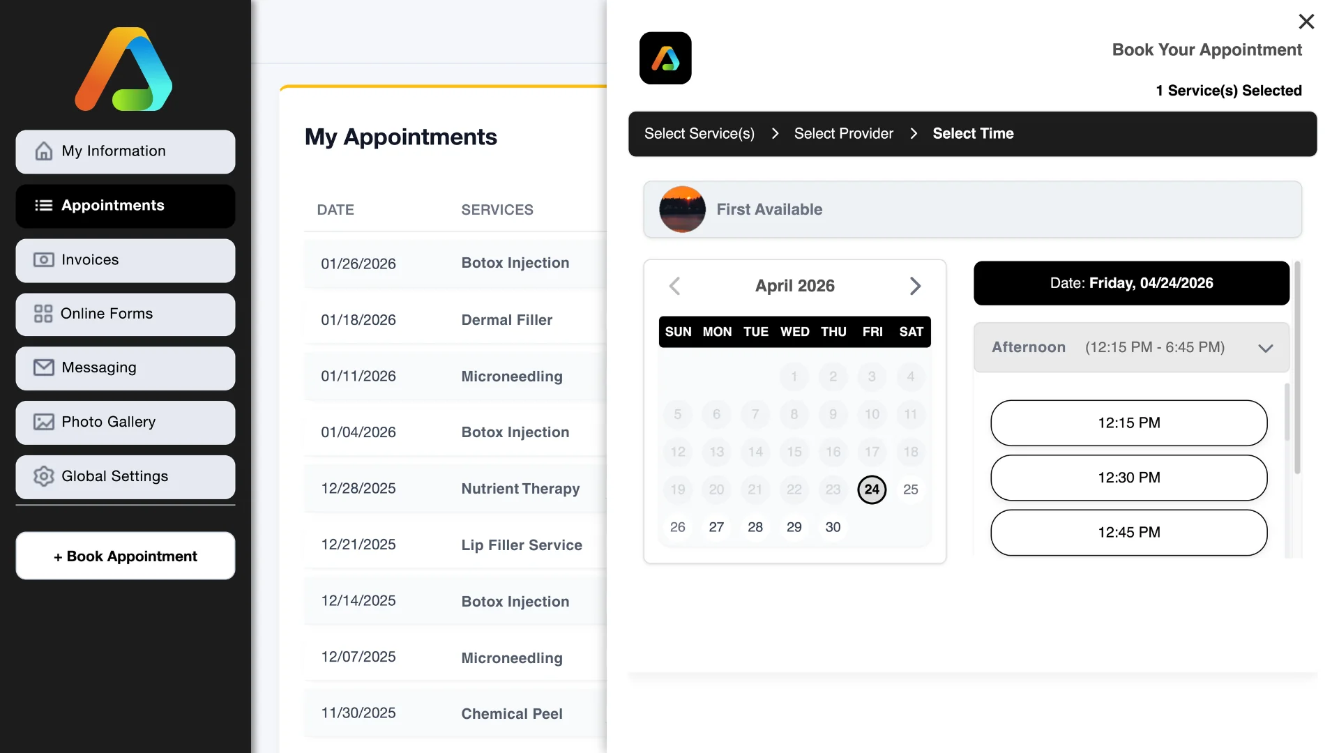 Client-facing online booking experience built into medspa software
